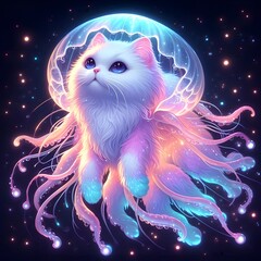 Mystical Jellyfish Tiger Cat  Hybrid Floating In The Air, With Soft Pastel Tentacles And Glowing Bioluminescence | Ai Art