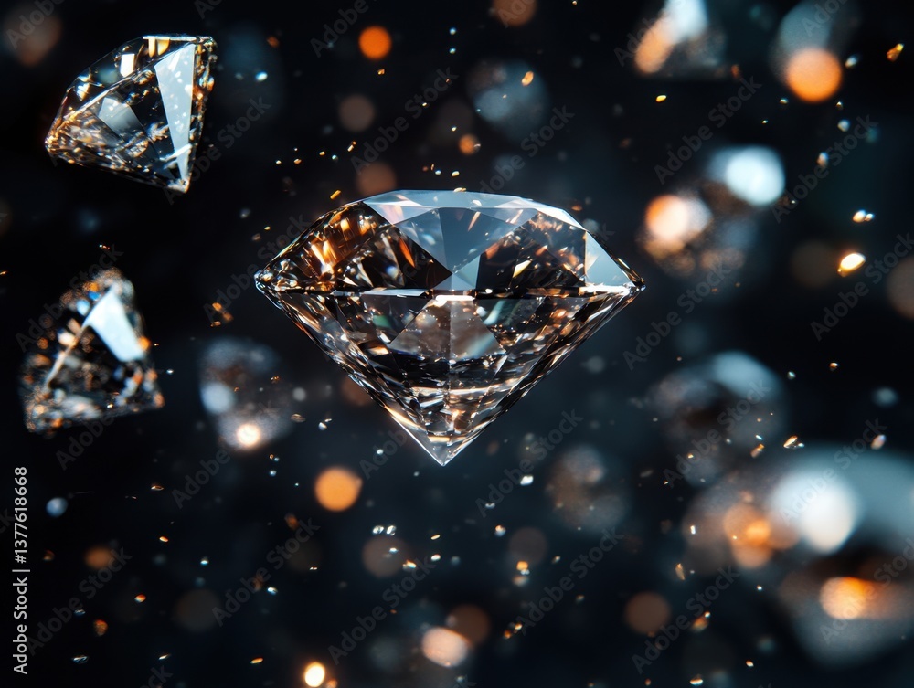 Poster floating diamonds on a dark background with bokeh lights create a sense of luxury and elegance showc