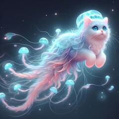 Mystical Jellyfish Tiger Cat  Hybrid Floating In The Air, With Soft Pastel Tentacles And Glowing Bioluminescence | Ai Art