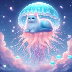 Mystical Jellyfish Tiger Cat  Hybrid Floating In The Air, With Soft Pastel Tentacles And Glowing Bioluminescence | Ai Art