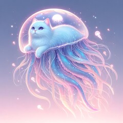 Mystical Jellyfish Tiger Cat  Hybrid Floating In The Air, With Soft Pastel Tentacles And Glowing Bioluminescence | Ai Art