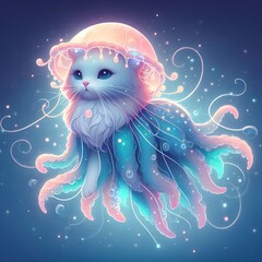 Mystical Jellyfish Tiger Cat  Hybrid Floating In The Air, With Soft Pastel Tentacles And Glowing Bioluminescence | Ai Art