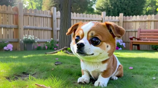 little dog mascot sitting in backyard with fence animation hd