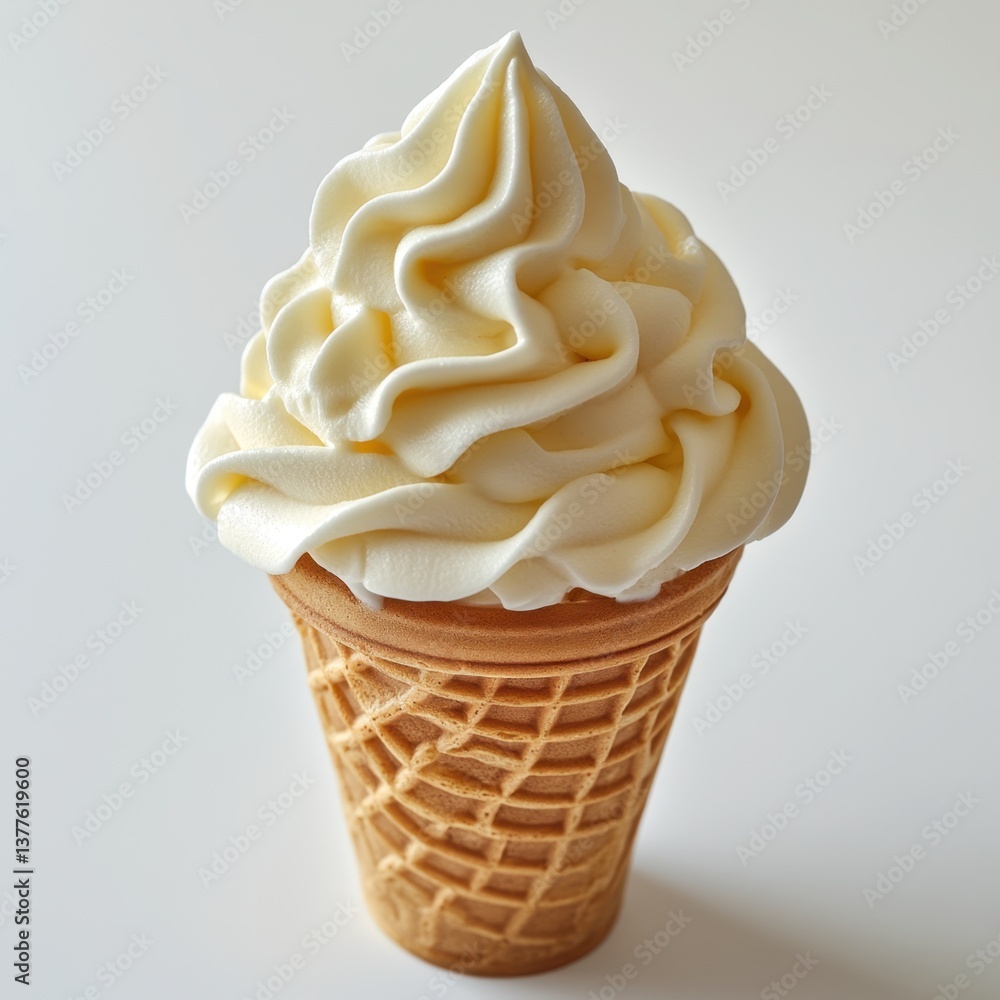 Poster creamy vanilla soft serve ice cream cone on a clean white background perfect for summer dessert trea