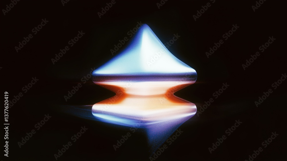 Poster illuminated object and reflection: a dark backdrop highlights a blue and orange shape, mirroring its