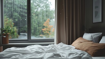 A cozy bedroom with a soft bed, featuring light brown pillows, and a rainy window showcasing lush greenery outside.