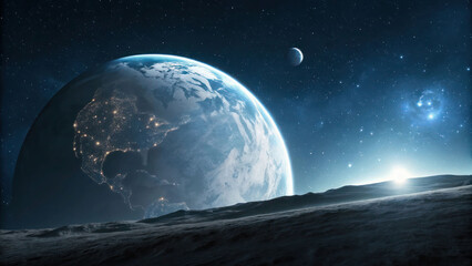 "A globe on the horizon, with the bright, reflective surface of the earth contrasting against a dark, starry sky and the faint outline of a glowing planet visible in the background."