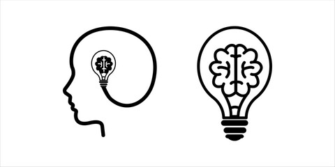 Set of 2 icons brain lamp and head on whte bacground