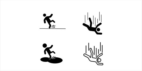 Set of falling person silhouette pictogram. Caution wet floor sign. Vector illustration. Isolated on white background