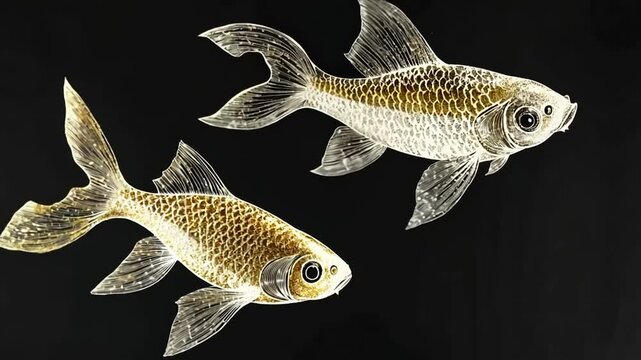 Goldfish art, dark background, detailed fins, print design