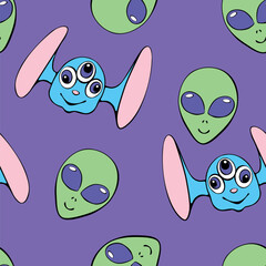 Seamless pattern with funny Aliens heads in doodle flat style. Humanoids, visitors, Martians. Vector cute background, texture on theme of space, UFO, fantastic, kids design