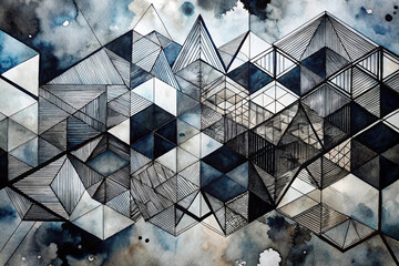 Black ink shapes blending into a structured geometric background