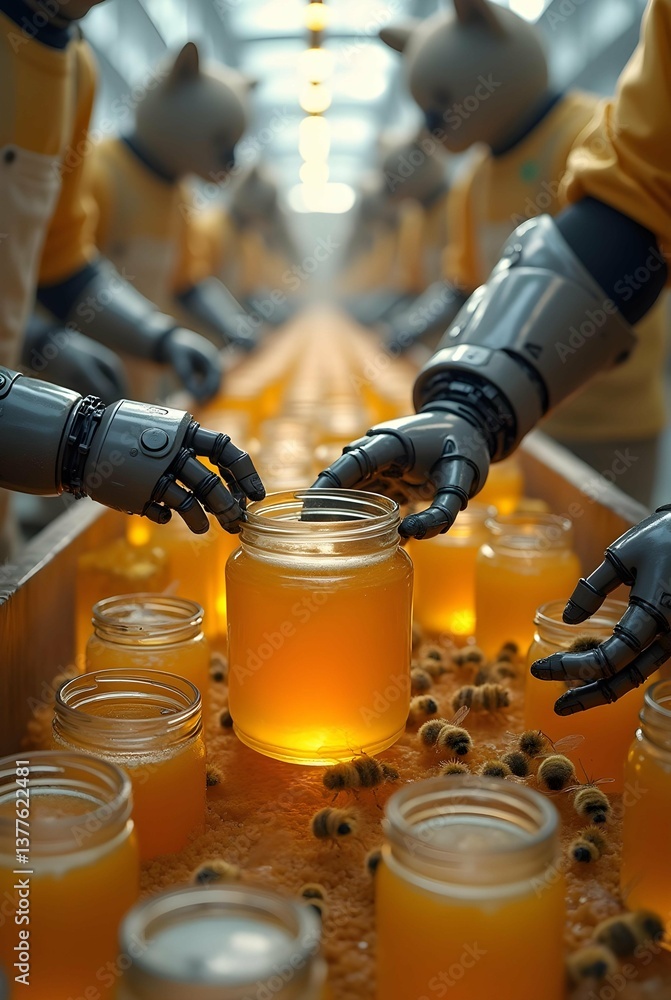 Poster surreal scene of robotic figures organizing jars of honey, surrounded by bees