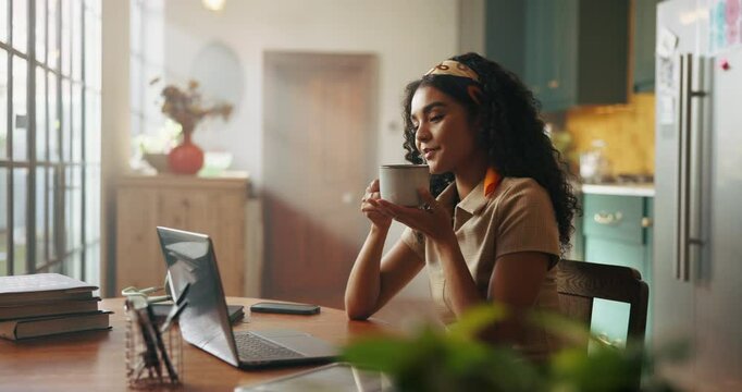 Tea, laptop or woman in remote work in home to relax on break for cup scent, smell or satisfaction. Freelancer, calm and person drinking warm beverage, cappuccino or coffee for ideas inspiration