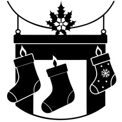 Christmas stockings hanging by a fireplace silhouette vector illustration 