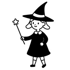Little witch practicing spells with a wand line art vector illustration 