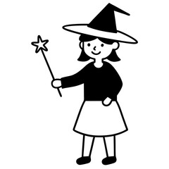 Little witch practicing spells with a wand line art vector illustration 