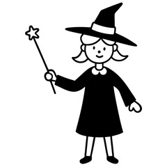 Little witch practicing spells with a wand 
