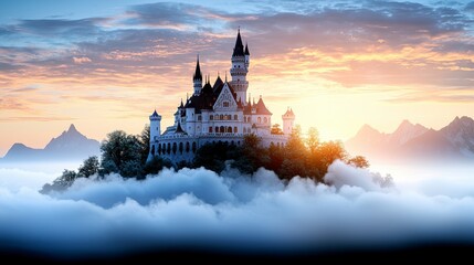Fototapeta premium Fairytale Castle Sunrise Above Misty Mountain Peaks