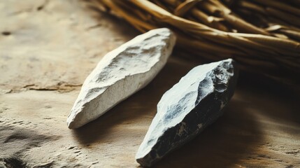 Stone tools from ancient times displayed on a wooden surface, showcasing craftsmanship from prehistoric cultures in a natural historical setting