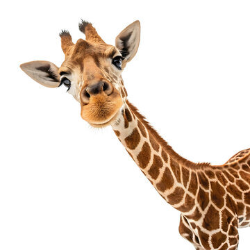 Tall giraffe portrait isolated on white, a cute wild mammal with a long neck