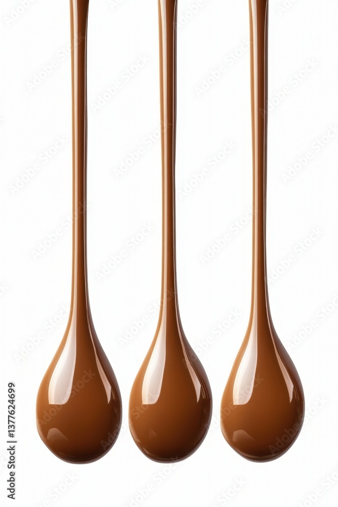 Poster three streams of decadent chocolate drizzling downward against a clean white background, creating a 