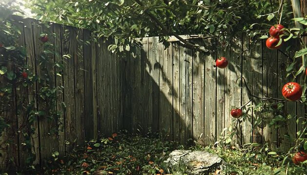 Lush garden corner with ripe tomatoes hanging, sun casting shadows on wooden fence and foliage
