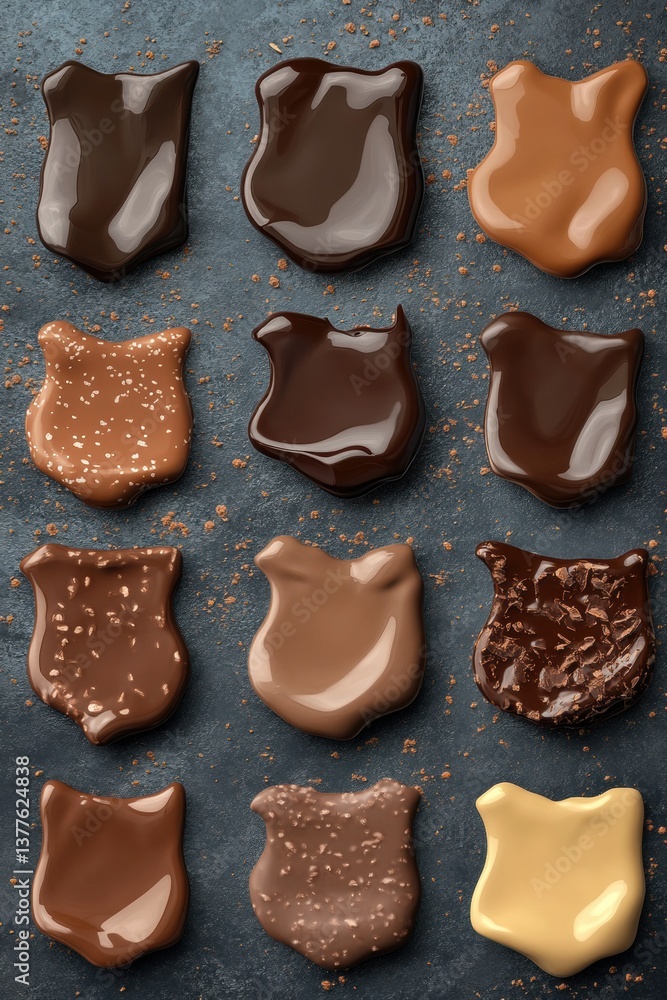Poster delicious chocolate shields on a dark background in a top down view showcasing various flavors and t