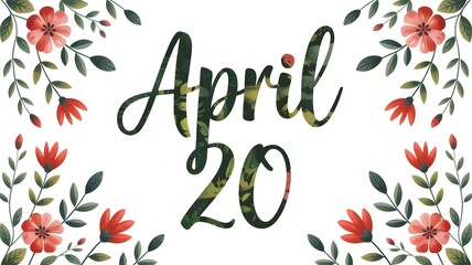 April 20 date watercolor painting with floral elements isolated on a white background for spring-themed designs, invitations, and calendar date highlights