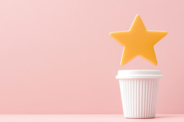 Coffee shop reward program promotion. A shiny gold star hovering above a white coffee cup against a solid pink background suggests a top-tier coffee experience.