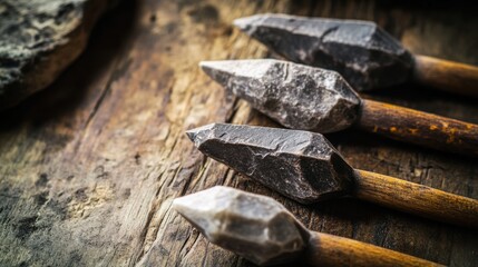 Crafted stone tools rest on a wooden surface showcasing the artistry of prehistoric weaponry from an ancient culture