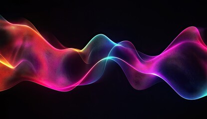 Abstract, vibrant, glowing waves of color.  A dynamic, flowing pattern of colorful, translucent lines undulate across a dark background. The lines shimmer with various hues,