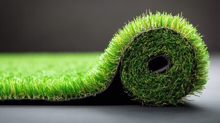 Artificial grass roll displayed on a dark surface, showcasing its vibrant green color and texture, suitable for landscaping and outdoor projects in various settings