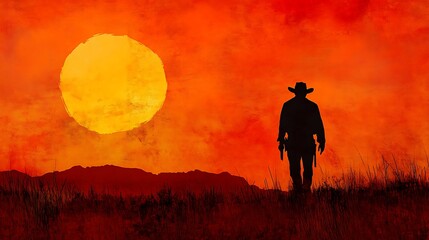 Lone Cowboy Sunset Silhouette.