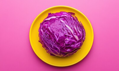 Fototapeta premium Fresh purple cabbage placed on a vibrant yellow plate against a striking pink background showcasing color contrast and food presentation