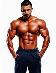 Big Muscular Man Striking a Powerful Pose on a White Isolated Background

