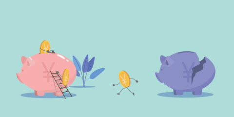 Financial risks, loss of profit inflation. Vector illustration broken piggy bank coins yen, yuan, financial security, budget, saving money
