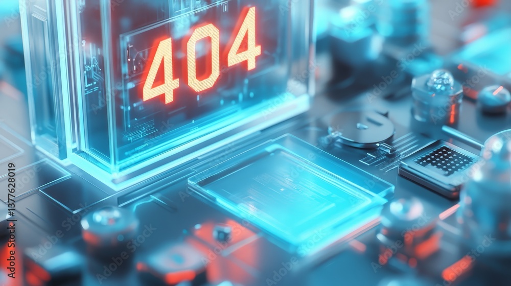 Poster digital error 404 on futuristic circuit board with blue and red lights