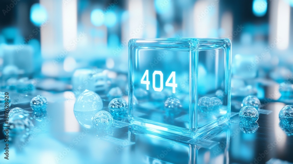 Poster 404 error symbol on futuristic blue digital background with transparent cube