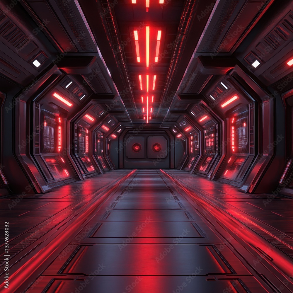 Aufkleber futuristic spaceship interior illuminated with red neon lights creating a sense of advanced technolo