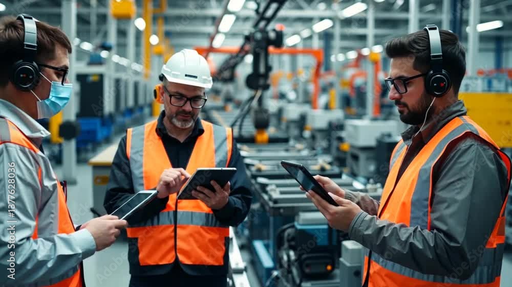Poster factory workers leveraging modern technology for efficient production line management in a spacious 