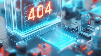 Digital error 404 on futuristic circuit board with blue and red lights