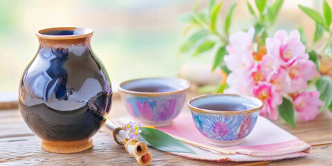 close up of traditional Japanese sake set featuring ceramic sake bottle and two cups, surrounded by flowers