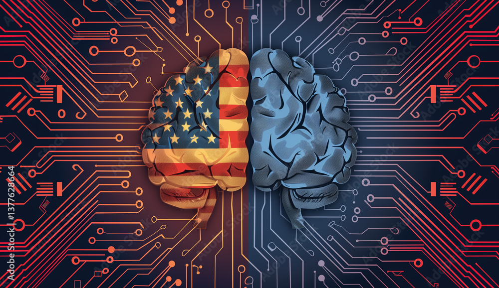Poster a digital illustration of two brains, one representing the united states flag and another with circu