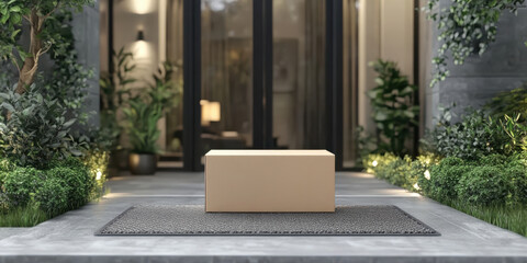 Delivered outside the door, e-commerce purchase on mat. Add your own copy and label. Package delivery on steps red front door. Copy space for text.