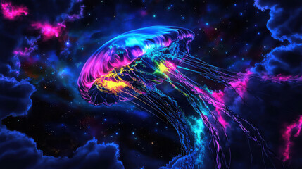Fototapeta premium cosmic jellyfish floats in deep space, illuminated by vibrant colors against starry backdrop, evoking sense of wonder
