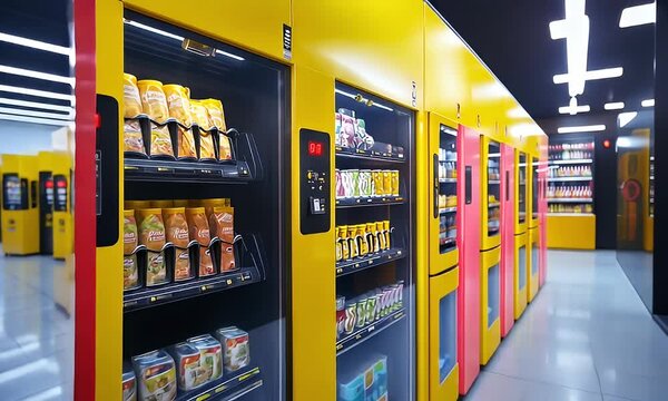 Row of vending machines in yellow and red with snacks, drinks and packaged goods
