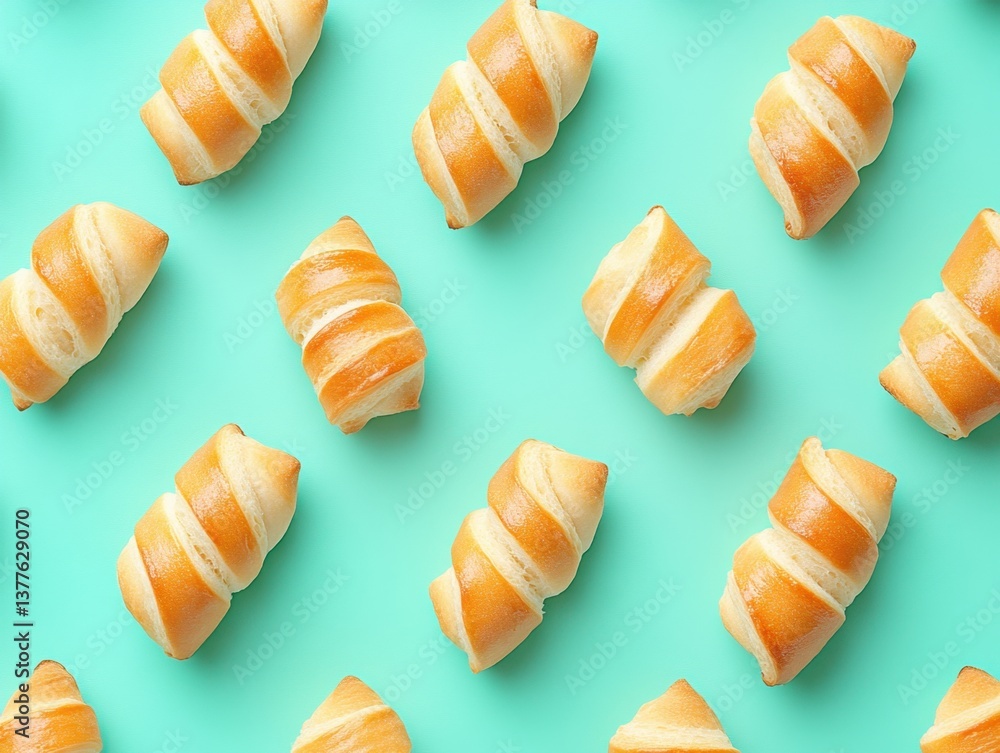 Poster artistic arrangement of fresh croissants on a vibrant turquoise background creating a visually appea