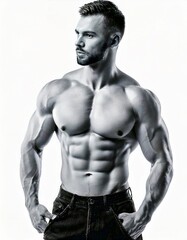 Heroic Strongman Flexing Muscles in a Monochrome Black and White Shot. Isolated white background