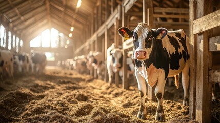 A group of cows is resting in a spacious barn filled with straw. Sunlight streams through the windows, creating a warm atmosphere in this serene agricultural setting